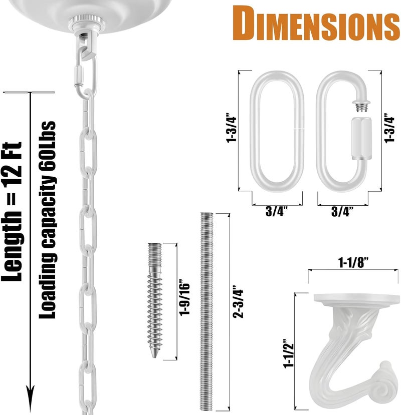 Omytie 12 Ft Heavy Duty Hanging Chain Kit with Connection Locks & Swag Ceiling Hooks for Lighting Fixture, Chandelier, Pendant, Lantern, Swag Lamp, Plant/Flower/Fruit Basket, Bird Feeder (White) - Image 2